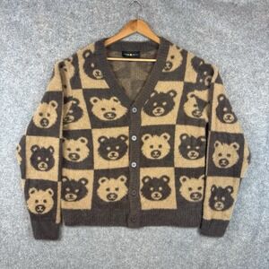 Teddy Fresh Bear Cardigan Womens Medium Brown Checkered Soft Sweater